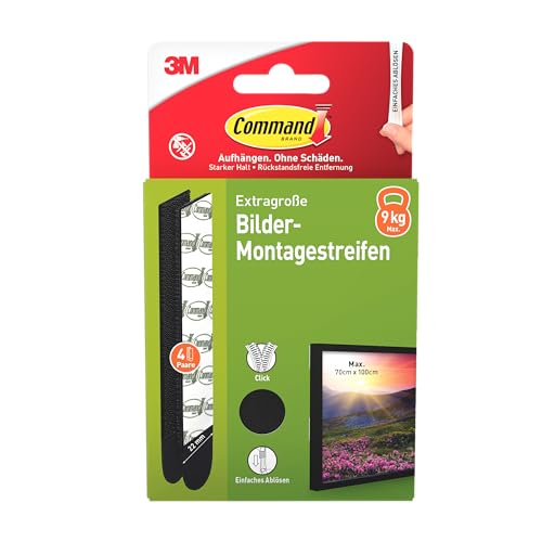 Command 17217BLK-4-DE Extra Klebestreifen, Packung mit 4x2 (8 Strips), Größe, Schwarz-Befestigung ohne Bohren-Für Bilderrahmen, Spiegel und weitere Deko, XL (extragroß) von Command