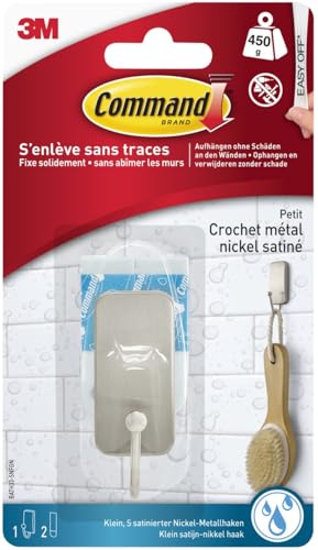 Command Metallhaken Bad, Wasserfest, Satin Nickel, 1 Haken, 2 Stips - organisieren ohne Löcher und Bohren - Rückstandsfreies Ablösen von Command