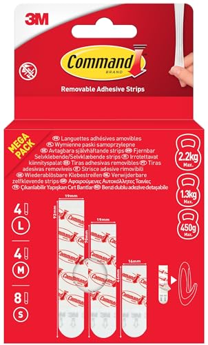 Command Sortierte Klebe- und Montage-Nachfüllstreifen, Packung mit 8 kleinen, 4 mittelgroßen, 4 großen Klebestreifen, weiß – beschädigungsfreie Befestigung – rückstandsfreies Ablöse von Command