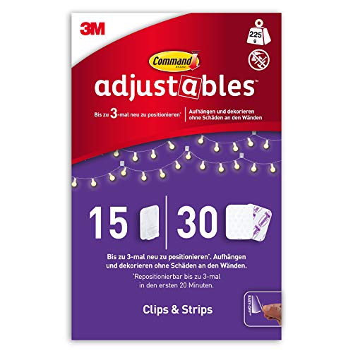 Command Adjustables Repositionierbare Clips, Packung mit 15 Clips und 30 Klebestreifen, Transparent - Hängeklammern für Dekoration und Lichterketten, Wandkleber - Beschädigungsfreies Aufhängen von Command