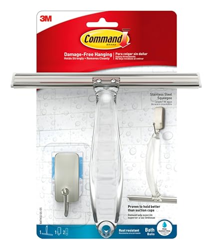 Command Bad- und Duschabzieher, Rostfreier Edelstahl und Nickel Satiniert, 1 Abzieher und 1 kleiner Edelstahlhaken, 2 wasserabweisenden Streifen/ kleine, Farbe: Silber von Command