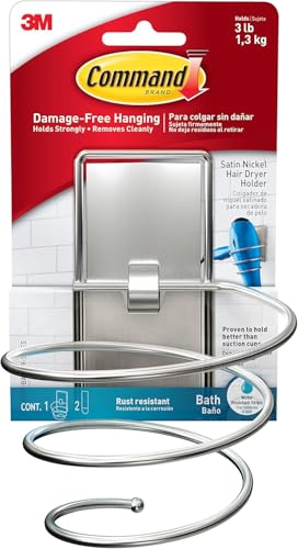 Command Haartrocknerhalter für das Bad, Satin Nickel, wasserbeständige Klebestreifen - 1 Haartrocknerhalter und 2 große Streifen – Befestigen ohne Beschädigungen von Command