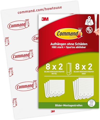 Command Bilder-Montagestreifen, Bildaufhänger, Vorteilspack mit 8x2 Größe L und 8x2 Mittel, Weiß - Befestigung ohne Bohren von Command