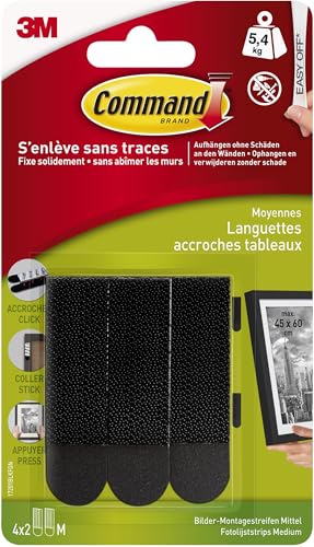 Command Bilder-Montage Strips, Schwarz, 4 Sets mit mittelgroßen Strips (M) - Bilder aufhängen ohne Bohren, Streifen halten bis zu 5,4 kg, rückstandsfreies Ablösen von Command
