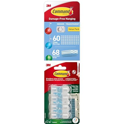 Command DekoClips, Vorteilspack mit 60 Minihaken und 68 Kleinen Klebestreifen - zusammen mit Transparenten Lichterketten-Clips für den Außenbereich, 8 Clips, 10 Klebestreifen von Command