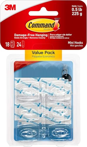 Command Dekorations-Clips, Vorteilspack mit 18 Minihaken und 24 Kleinen Klebestreifen - Clips für Dekoration und Lichterketten - Dekorieren ohne Löcher und Bohren von Command