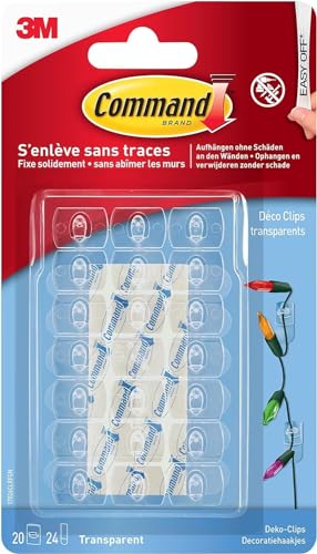 Command Dekorations-Clips, Vorteilspack mit 20 Mini Klebehaken Transparent und 24 Kleinen Klebestreifen, Strips - Befestigung fur Lichterketten von Command