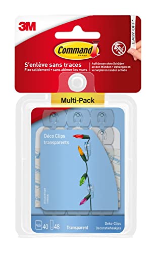 Command Dekorations-Clips, Transparent, Vorteilspack mit 40 Minihaken und 48 Kleinen Klebestreifen - Dekorieren ohne Löcher und Bohren von Command