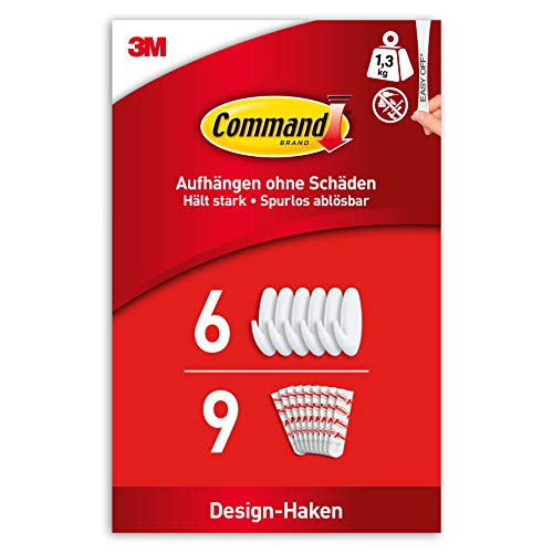 Command Designer-Haken, Größe M, Weiß - Packung mit 6 Haken und 9 Mittelgroße Strips für den Innenbereich - Organisieren ohne Beschädigung von Command