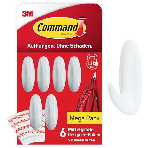 Command Klebehaken, Größe M, Weiß - Packung mit 6 Haken selbstklebend und 9 Mittelgroße Klebestreifen, Strip - Haken für Wand, Türhaken, Organisieren ohne Bohren - Hält 1,3kg von Command