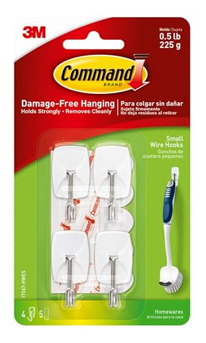 Command 17067-HWES Small Wire, White, Holds up to 0.5 lbs, Indoor Use, 4-Hooks, 5-Strips, Organize Damage-Free Kleiner Drahthaken, Weiß von Command