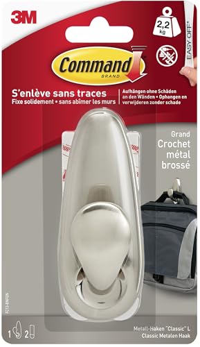 Command Metallhaken Forever Classic, gebürstetes Nickel - 1 Metallhaken und 2 Klebestreifen - Zum Aufhängen von Taschen und Kleidung - Haken für Wand oder Tür, ohne Bohren, hält bis zu 2,2 kg von Command