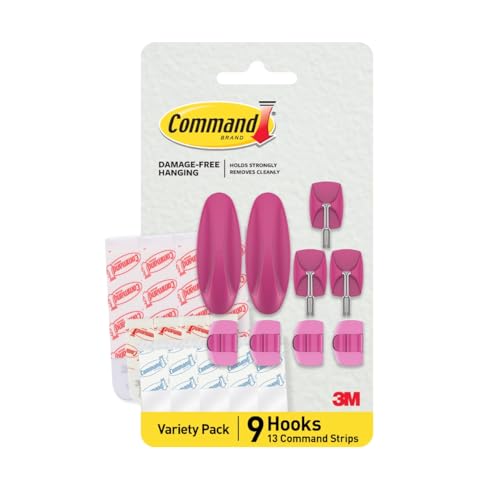 Command Gemischte Haken, 9 Drachenfrucht-Haken, 13 Streifen (2 mittelgroße Designer-Haken, 4 mittelgroße Innenstreifen; 3 kleine Drahthaken, 4 kleine Innenstreifen; 4 transparente runde Kordel-Clips, von Command