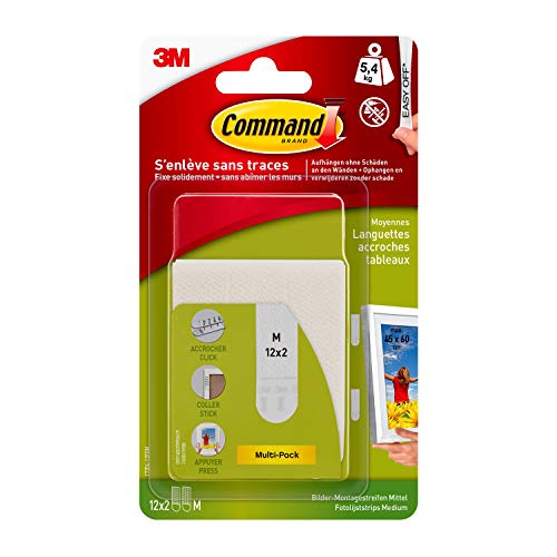 Command Klebestreifen, Vorteilspack 12x2 Mittel (24 Strips), Weiß - Bilder Aufhängen ohne Bohren, Streifen halten bis zu 5,4 kg, Rückstandsfreies Ablösen von Command