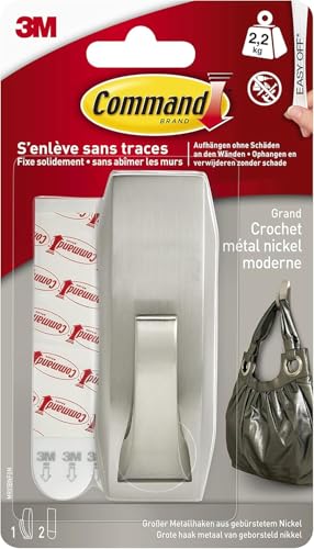 Command Metallhaken Modern Reflection, gebürstetes Nickel - 1 Metallhaken und 2 Klebestreifen - Zum Aufhängen von Taschen und Kleidung - Haken für Wand oder Tür, ohne Bohren, hält bis zu 2,2 kg von Command