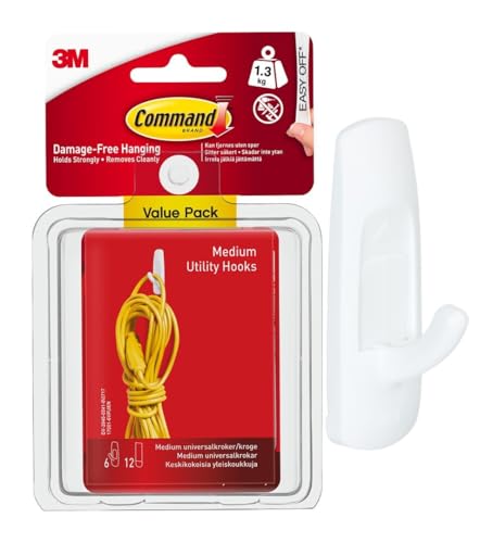 Command Klebehaken, Universal - Packung mit 6 Haken selbstklebend und 12 Klebestreifen - Haken für Wand, Türhaken, Organisieren ohne Bohren - Hält 1,3kg Command Klebehaken, Universal - Packung mit 6 Haken selbstklebend und 12 Klebestreifen - Haken für Wand, Türhaken, Organisieren ohne Bohren - Hält 1,3kg von Command
