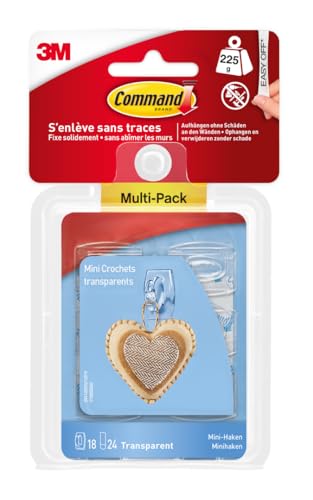 Command Mini-Haken selbstklebend, Transparente, Vorteilspack - 18 Mini Klebehaken und 24 Kleinen Klebestreifen - Dekorieren ohne Löcher und Bohren, Hält 225g von Command