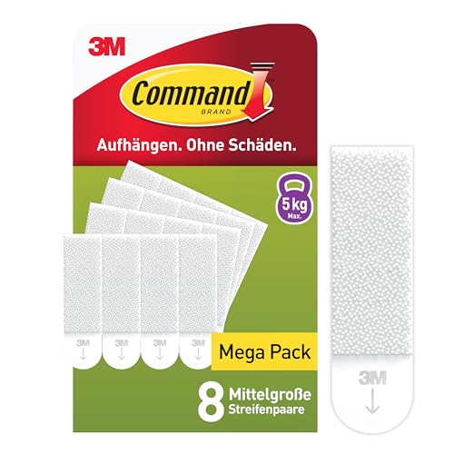 Command Klebestreifen, Packung 8x2 Mittel (16 Strips), Weiß - Bilder Aufhängen ohne Bohren, Streifen halten bis zu 5 kg, Rückstandsfreies Ablösen von Command