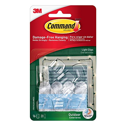 Command Outdoor Light Clips, Damage Free Hanging Outdoor Light Clips with Adhesive Strips, No Tools Wall Clips for Hanging Outdoor Lights and Cables, 16 Clear Clips and 20Command Strips (Pack of 4) von Command