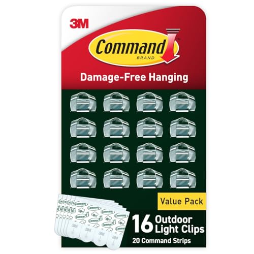 Command Außenlicht-Clips, 4 Stück 16 Stück Klare Clips und 20 Streifen, Beschädigungsfreie hängende Lichtclips mit Klebestreifen, Wandclips zum Aufhängen von Außenleuchten und Kabeln im Freien von Command