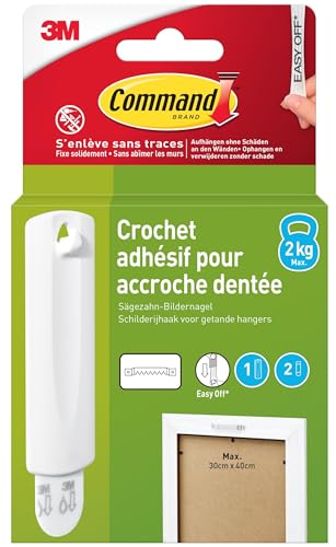 Command Kunststoff-Bildernagel, weiß -1 Bildernagel und 2 große Strips - Beschädigungsfreies Aufhängen, Hält bis zu 2 kg von Command