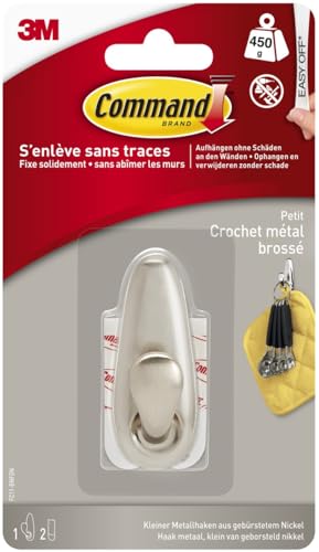Command kleiner Metallhaken, gebürstetes Nickel - 1 Haken und 2 kleine Strips - zur Befestigung an Wand oder Tür, ohne Bohren, hält bis zu 450 g von Command
