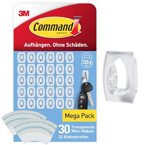 Command Mini-Haken selbstklebend, Transparente, Vorteilspack - 30 Mini Klebehaken und 32 Kleinen Klebestreifen - Dekorieren ohne Löcher und Bohren, Hält 225g von Command