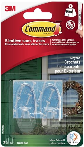 Command Transparente Mittelgroße Command Haken M (2er Set) für den Außenbereich in Ovaler Form - Aufhängen von Kränzen, Schildern und anderen Objekten im Freien von Command