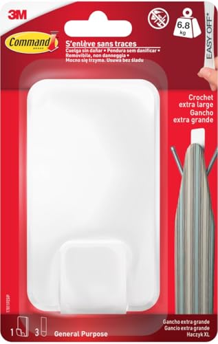 Command Utility Hook, Weiß, Größe XL für Schwergewicht < 6,8 kg, 1 Haken + 3 Streifen - Beschädigungsfreies Aufhängen von Command