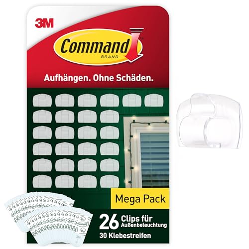 Command Transparente Lichterketten-Clips für den Außenbereich, 26 Clips, 30 Klebestreifen, Strips - Dekorieren ohne Löcher und Bohren von Command