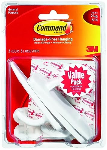 General Purpose Hooks Value Pack, Large, 5lb Cap, White, 3 Hooks & 6 Strips/Pack, Sold as 1 Package von Command