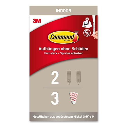 Command Klebehaken in Gebürstetem Nickel, 2 Metallhaken selbstklebend und 3 Klebestreifen, Mittel - Zum Aufhängen von Taschen, Kleidung - Haken für Wand, Türhaken, Organisieren ohne Bohren, Hält 1,3kg von Command