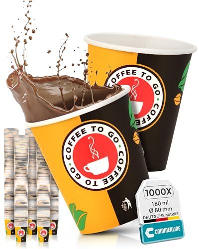 Commerline 1000 Stück 7,5oz/180ml Kaffeebecher to go | Pappbecher Cups Coffee to Go Becher | Kaffee to+go Papierbecher Hartpapier Einwegbecher | Einweg Becher für Kafee/Tee von Commerline