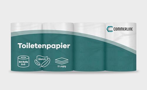 128 Rollen Commerline Toilettenpapier 3 lagig | Klopapier Toiletten Klo Wc Papier | 3-lagig 150 Blatt je Rolle | Hochwertigem Zellstoff Extra Weich Großpackung (128 Rollen) von Commerline