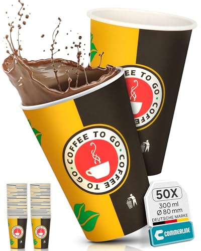 Commerline 50 Stück 12oz Ø80mm 300ml Kaffeebecher to go | Pappbecher Cups Coffee to Go Becher | Kaffee to+go Papierbecher Hartpapier Einwegbecher | Einweg Becher für Kafee/Tee von Commerline