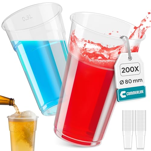 Commerline 0,3 L Transparent Plastikbecher | 200 Stück Trinkbecher | Plastik Becher | Partybecher | Kunststoffbecher aus Polypropylen(PP) |Wasserbecher |Ausschankbecher von Commerline