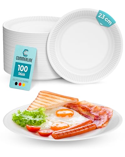 Commerline 100 Stück Rund Pappteller Ø23 cm | Hochwertige Einwegteller für Kuchen, Partys & Snacks | Einweggeschirr & Einmalgeschirr | Pappteller für Essen, Geburtstage & Catering von Commerline