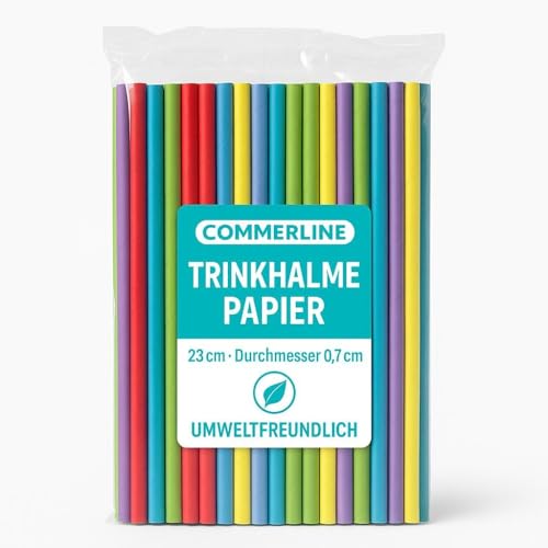 Commerline 1000 Stück Papierstrohhalme, Trinkhalm mit Ø 7 mm, 23 cm, Bunte Cocktail-Strohhalme für Partys, Strohhalme aus Papier für Mixgetränke, Smoothies, biologisch abbaubar Trinkhalme Papier von Commerline