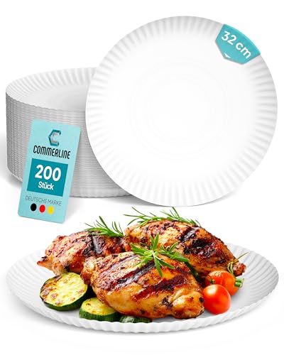 Commerline 200 Stück Rund Pappteller Ø32 cm | Hochwertige Einwegteller für Kuchen, Partys & Snacks | Einweggeschirr & Einmalgeschirr | Pappteller für Essen, Geburtstage & Catering von Commerline