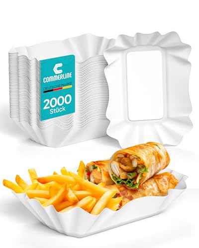 Commerline 2000 Stück Pommesschalen aus Pappe (9 x 14 x 3 cm) KU51 – Rechteckige Currywurst Pommes Papierteller, Stabile & Umweltfreundliche Einwegteller für Party & Gastronomie von Commerline