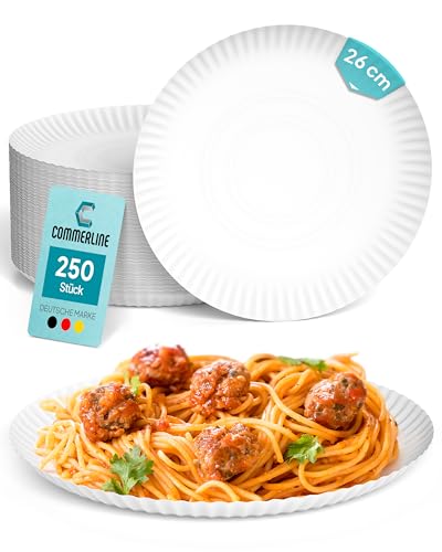 Commerline 250 Stück Rund Pappteller Ø26 cm | Hochwertige Einwegteller für Kuchen, Partys & Snacks | Einweggeschirr & Einmalgeschirr | Pappteller für Essen, Geburtstage & Catering von Commerline