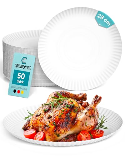 Commerline 50 Stück Rund Pappteller Ø28 cm | Hochwertige Einwegteller für Kuchen, Partys & Snacks | Einweggeschirr & Einmalgeschirr | Pappteller für Essen, Geburtstage & Catering von Commerline