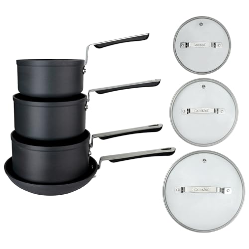 Commichef 4-teiliges Kochgeschirrset aus eloxiertem Aluminium mit Antihaftbeschichtung, inklusive 16 cm, 18 cm, 20 cm Töpfen mit Deckel und 24 cm Bratpfanne, stapelbar von Commichef