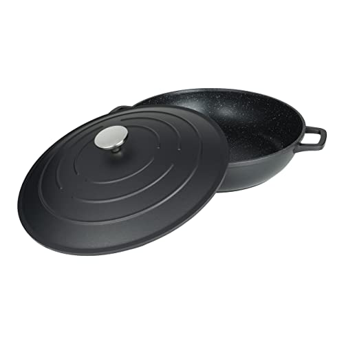 Commichef Flache Kasserolle, Auflaufform, Schwarz, Aluminiumguss, Mit Deckel, 32cm Durchmesser, 6 Liter Fassungsvermögen, Geeignet für Backöfen und Kochfelder, XR-L32BK von Commichef