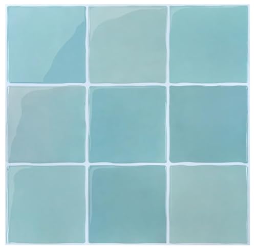 Commomy 10 Stück Upgrade Dickere 3D Fliesenaufkleber Klebefliesen Küche Bad Blau, Quadratisch Vinyl Küchenrückwand Wandfliesen Metro Selbstklebend Fliesen(30.5 x 30.5 cm) von Commomy