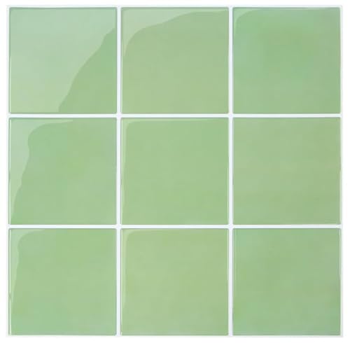 Commomy 10 Stück Upgrade Dickere 3D Fliesenaufkleber Klebefliesen Küche Bad Salbeigrün, Quadratisch Vinyl Küchenrückwand Wandfliesen Metro Selbstklebend Fliesen(30.5 x 30.5 cm) von Commomy