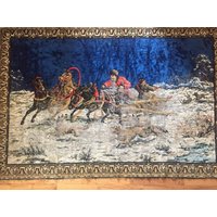 Männer Pferde Hunde Jagd Schnee Schlitten Wandteppich Teppich Mit Fransen 72 "x 48" von CommonThreadClothing