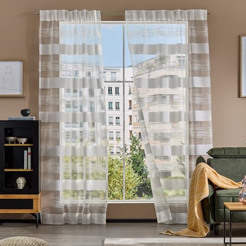 Como Gardinen 2er Set Vorhänge Weiß 245 x 132 cm - Jacquard Schrumpf Querstreifen - Halbtransparente, lichtdurchlässige Schlaufenschals aus Polyester von Como