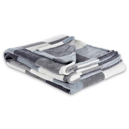 Como Kuscheldecke Grau-Weiß im Karo-Look Moderne Sofadecke, fein gestrickte Wohndecke, 100% Polyester, 240 GSM, gesäumte Einfassung 150 x 200 cm von Como