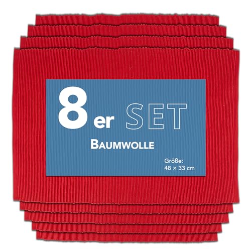 Como Platzmatte 8er Set rot, Platzset aus Baumwolle, strapazierfähig, hitzebeständig, abwaschbar, rutschfest, Platzdeckchen 48x33 cm von Como